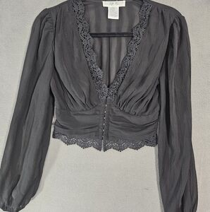 Vintage Steps NY Women Small Coquette Corset Crop Shirt Black Sheer Long Sleeve